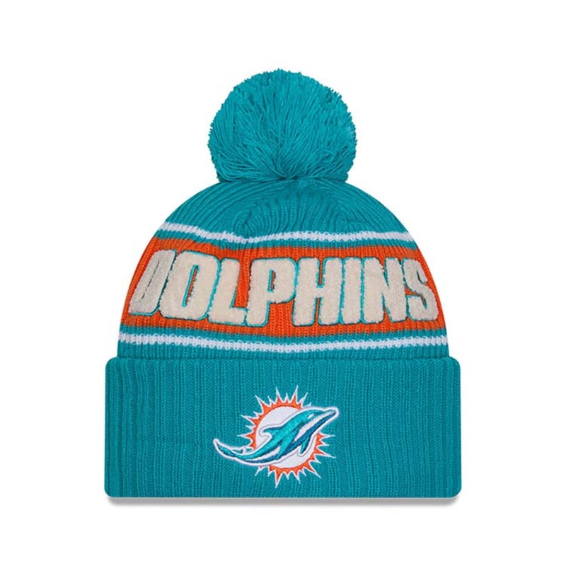 Miami Dolphins New Era NFL Cuffed Pom Beanie/Knit Hat Aqua/Orange Crown/Visor Team Color Logo (2024 Sideline)