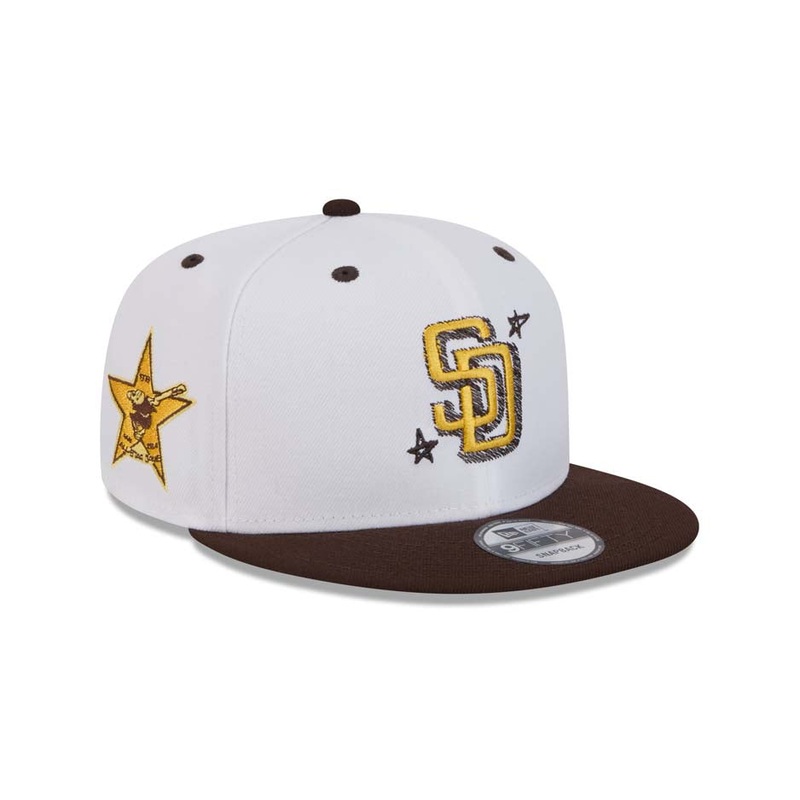 San Diego Padres New Era MLB 9FIFTY 950 Snapback Cap Hat White Crown Brown Visor Yellow Logo (Doodles)