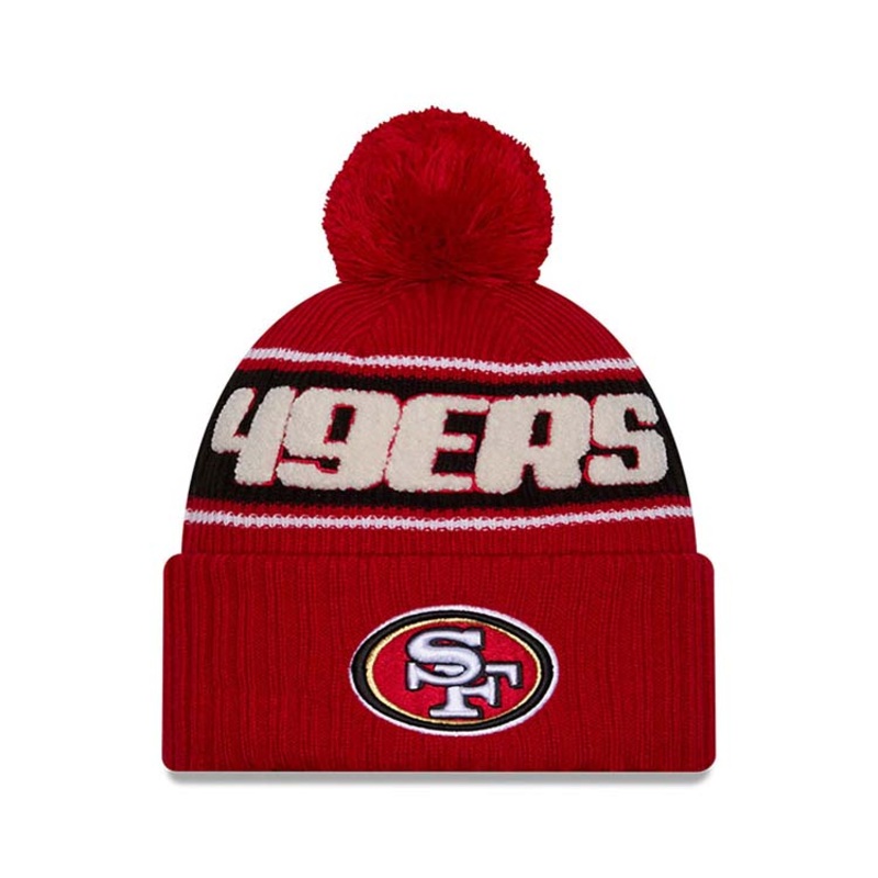 San Francisco 49ers New Era NFL Cuffed Pom Beanie/Knit Hat Red/Black Crown/Visor Team Color Logo (2024 Sideline)