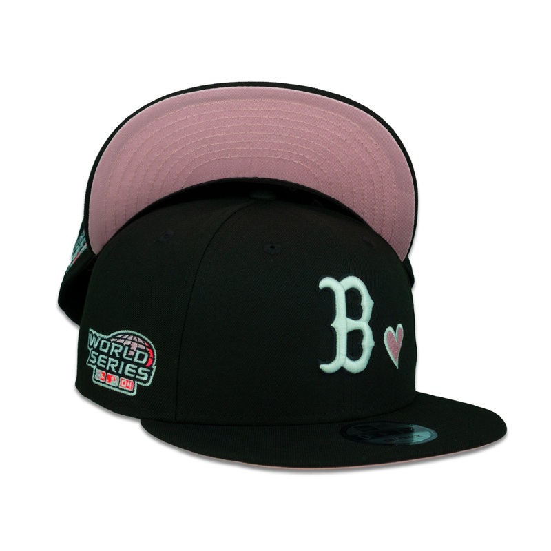 Boston Red Sox New Era MLB 9Fifty 950 Snapback Cap Hat Black Crown White Logo with Heart 2004 World Series Side Patch Pink UV