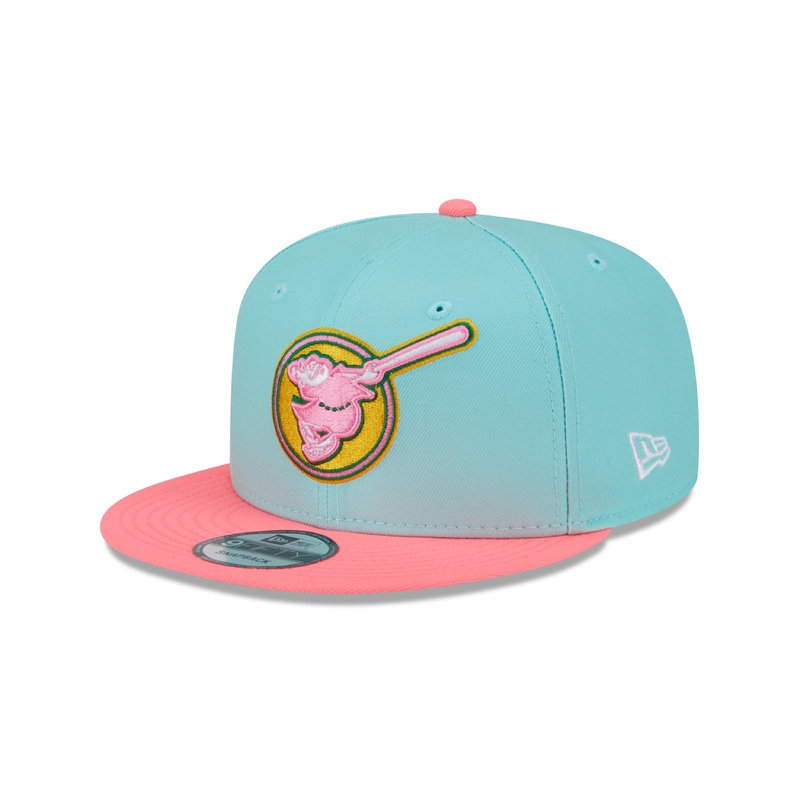 (City Connect) San Diego Padres New Era MLB 9FIFTY 950 Snapback Cap Hat Teal Crown Magenta Visor Yellow/Magenta Swing Friar Logo