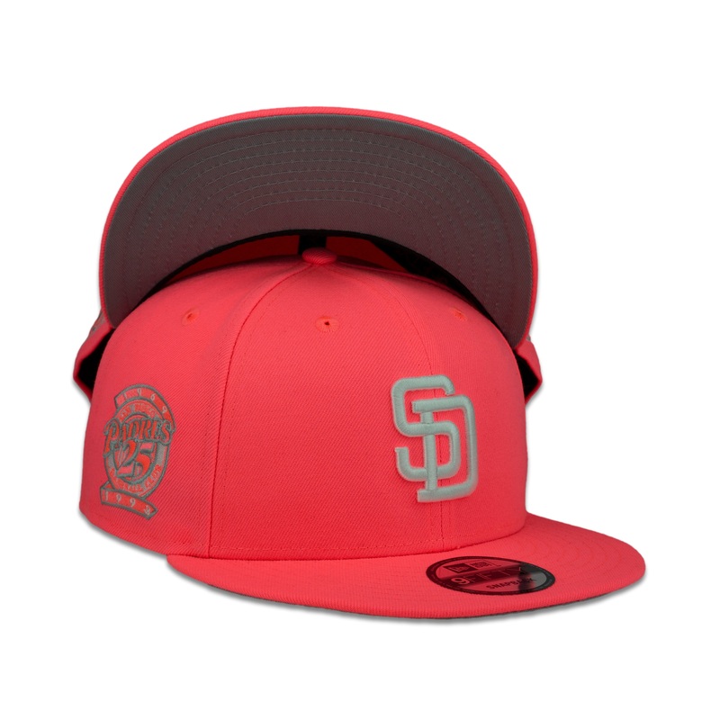 San Diego Padres New Era MLB 9Fifty 950 Snapback Cap Hat Light Pink Crown White Logo 25th Anniversary Side Patch Gray UV