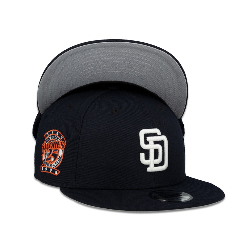 San Diego Padres New Era MLB 9Fifty 950 Snapback Cap Hat Navy Crown White Logo 25th Anniversary Side Patch Gray UV