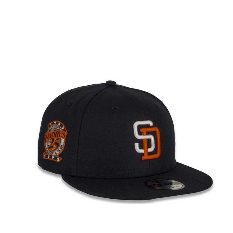San Diego Padres New Era MLB 9Fifty 950 Snapback Cap Hat Navy Crown White/Orange Logo 25th Anniversary Side Patch Black UV