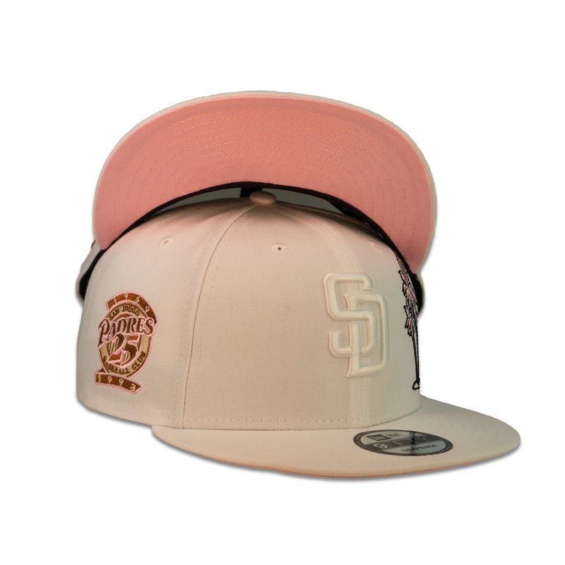 San Diego Padres New Era MLB 9Fifty 950 Snapback Cap Hat White Crown White Logo with Palm Tree 25th Anniversary Side Patch Pink UV
