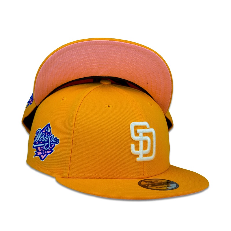 San Diego Padres New Era MLB 9Fifty 950 Snapback Cap Hat Yellow Crown White Logo 1998 World Series Side Patch Pink UV