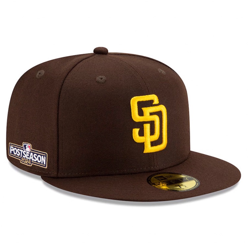 (Youth/Adult) San Diego Padres New Era MLB 59FIFTY 5950 Fitted Cap Hat Dark Brown Crown/Visor Team Color Logo 2024 Post Season Postseason Side Patch