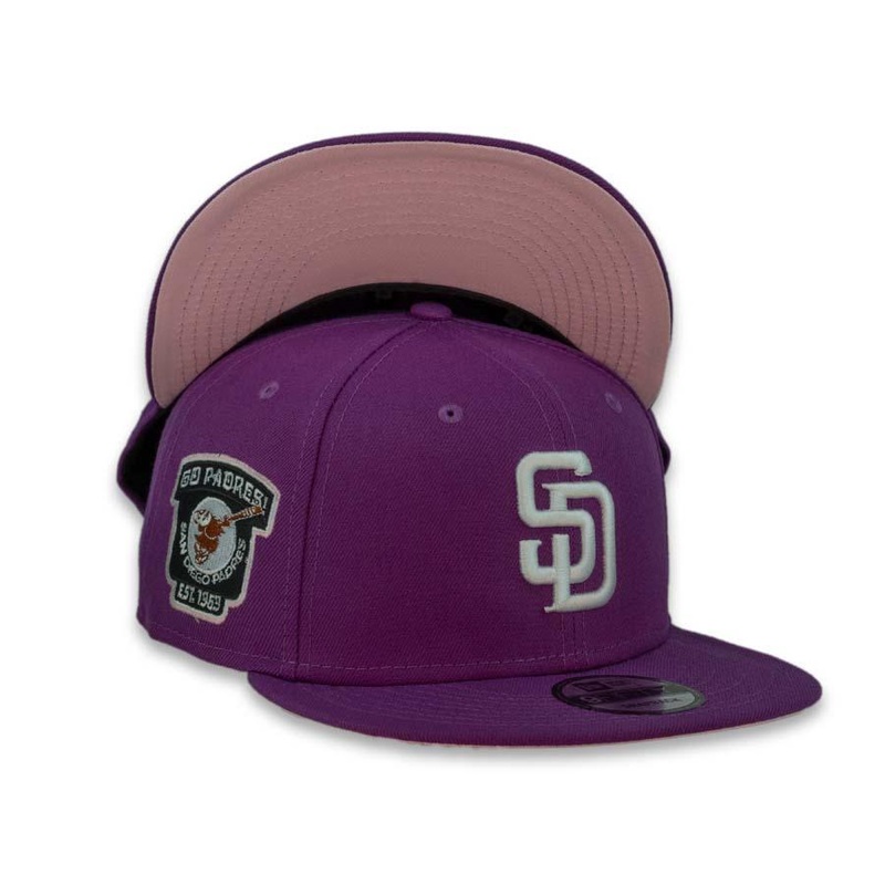 San Diego Padres New Era MLB 9Fifty 950 Snapback Cap Hat Dark Purple Crown White Logo Go Padres Side Patch Pink UV