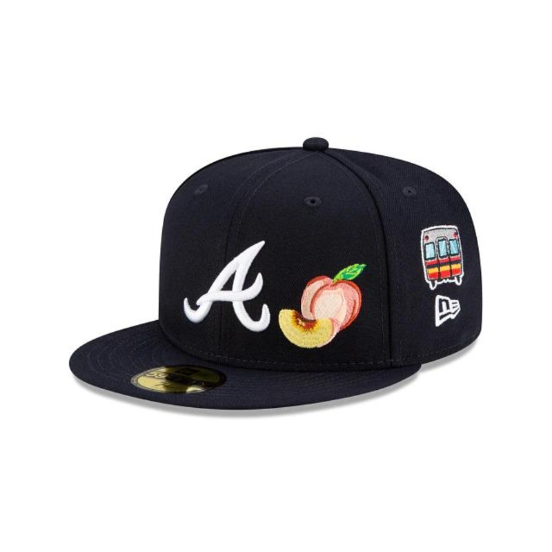 Atlanta Braves New Era MLB 59Fifty 5950 Fitted Hat Navy Crown/Visor White Team Color Logo with Multiple Patches Gray UV (City Transit)