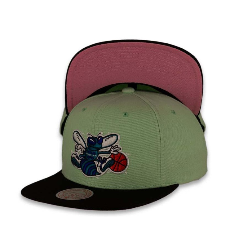 Charlotte Hornets HWC Mitchell & Ness Snapback Pistachio Crown Black Visor Pink UV Easter