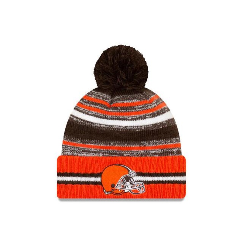 Cleveland Browns New Era NFL 2021 Sideline Sport Official Pom Cuffed Knit Beanie Orange/Brown Team Color