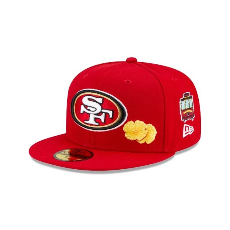 San Francisco 49ers New Era NFL 59FIFTY5950 Fitted Hat Red Crown/Visor Team Color Logo with Multiple Patches Gray UV (City Transit)