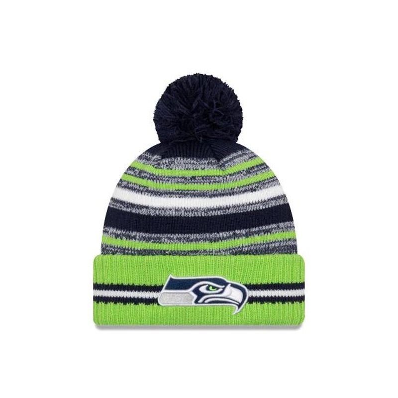 Seattle Seahawks New Era NFL 2021 Sideline Sport Official Pom Cuffed Knit Beanie Green/Navy Team Color