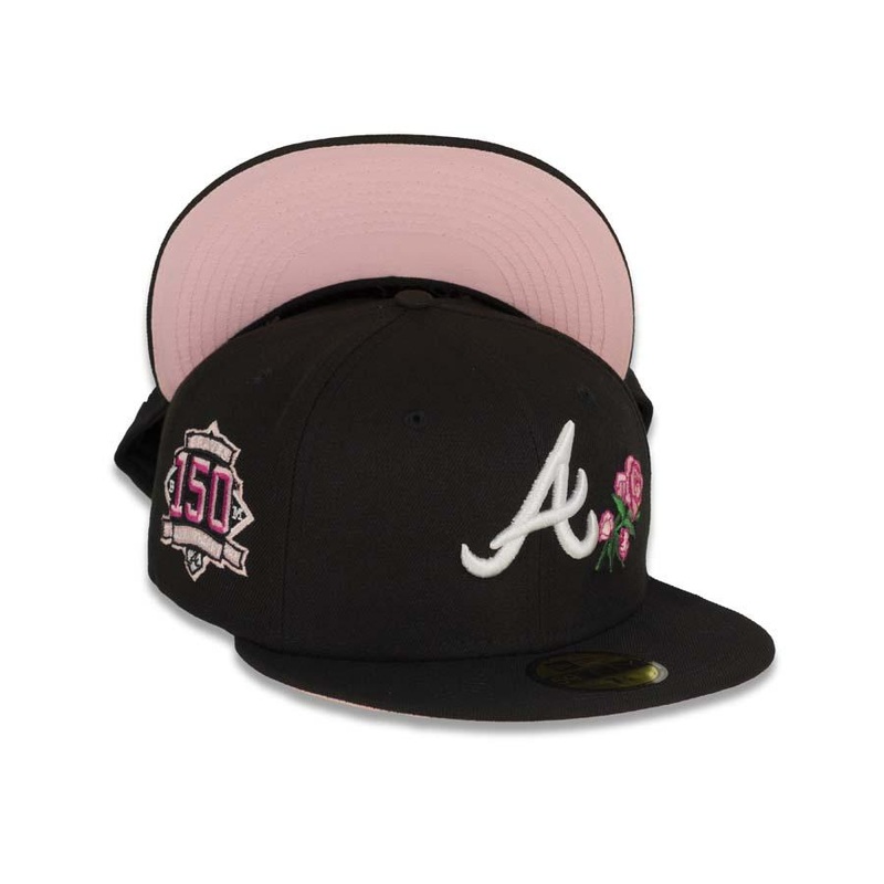 Atlanta Braves New Era MLB 59Fifty 5950 Fitted Cap Hat Black Crown/Visor White Logo with Roses 150th Anniversary Side Patch Pink UV