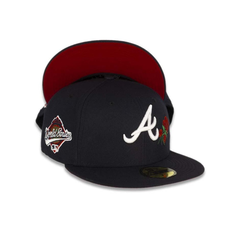 Atlanta Braves New Era MLB 59Fifty 5950 Fitted Cap Hat Navy Crown/Visor White Logo with Roses 1995 World Series Side Patch Red UV
