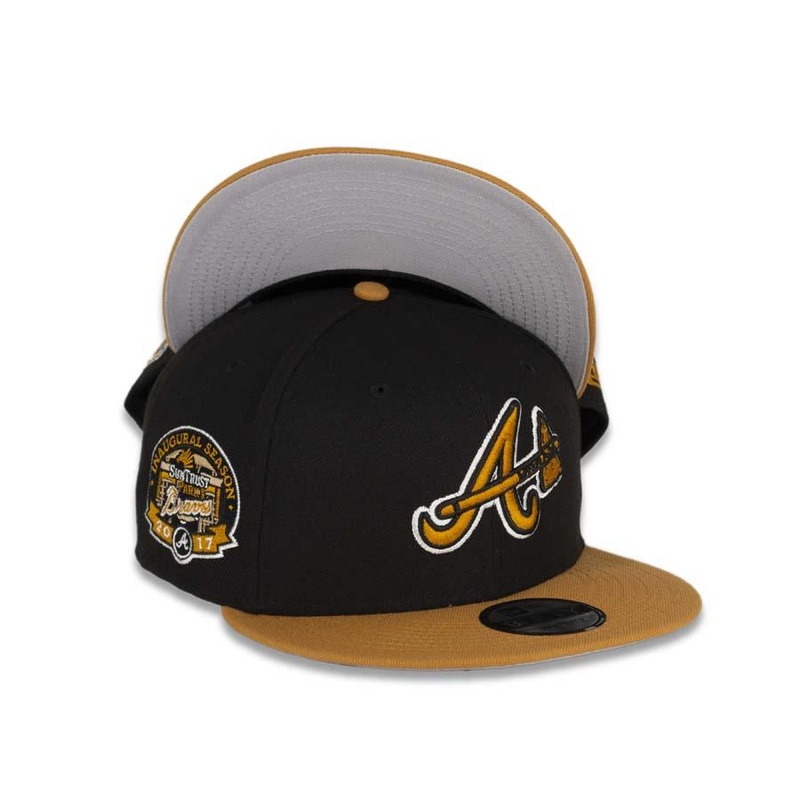 Atlanta Braves New Era MLB 9Fifty 950 Snapback Cap Hat Black Crown Wheat Visor Wheat/Black/White Logo with Tomahwak 2017 Inaugural Season Side Patch