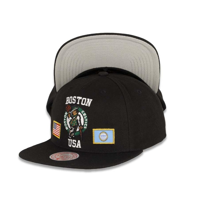 Boston Celtics Mitchell & Ness NBA Snapback Black Crown/Visor Deafult Logo with Flags Gray UV (City Pride)