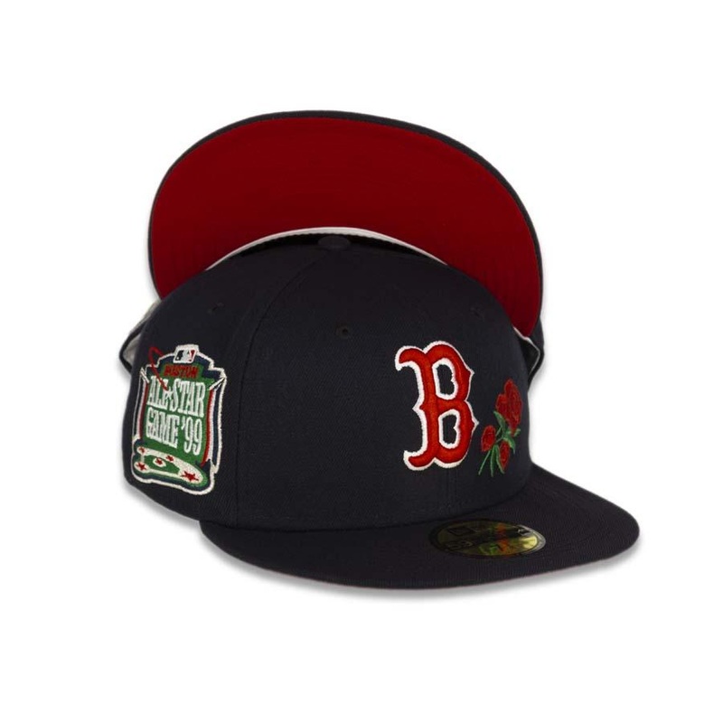 Boston Red Sox New Era MLB 59Fifty 5950 Fitted Cap Hat Navy Crown/Visor Red/White Logo with Roses 1999 All-Star Game Side Patch Red UV
