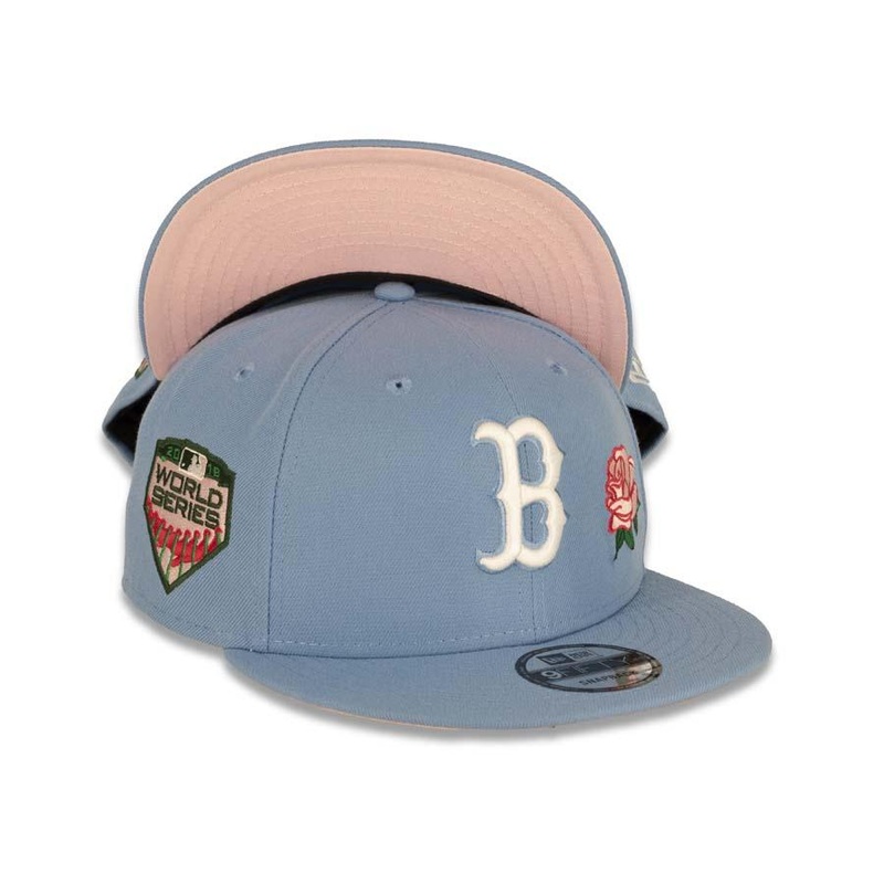 Boston Red Sox New Era MLB 9Fifty 950 Snapback Cap Hat Sky Blue Crown/Visor White Logo with Rose 2018 World Series Side Patch Pink UV