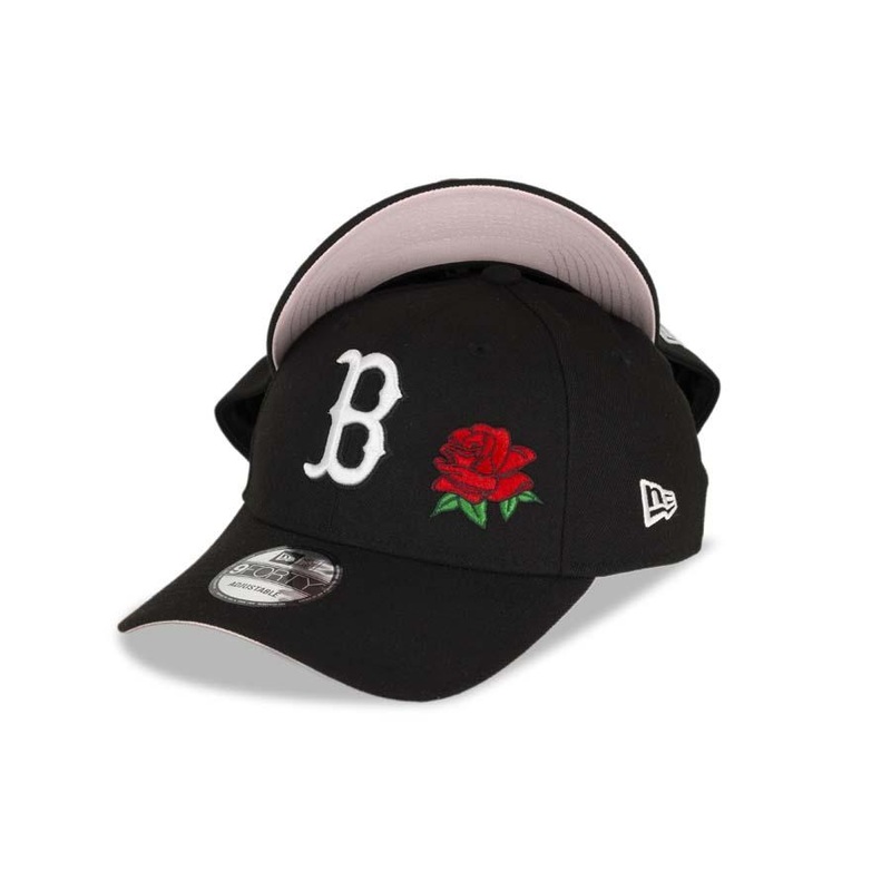 Boston Red Sox New Era MLB 9Forty 940 The League Snapback Closure Cap Hat Black Crown/Visor Black/White Logo with Rose Pink UV