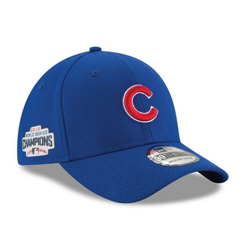 Chicago Cubs New Era MLB 39Thirty 3930 Flexfit Cap Hat Diamond Era Fabric Royal Blue Crown/Visor Red/White Logo 2016 World Series Side Patch