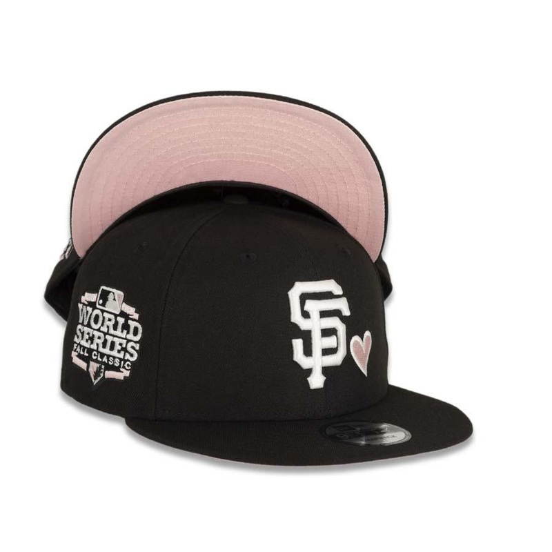 San Francisco Giants New Era MLB 9Fifty 950 Snapback Cap Hat Black Crown/Visor White Logo with Heart 2012 World Series Side Patch Pink UV