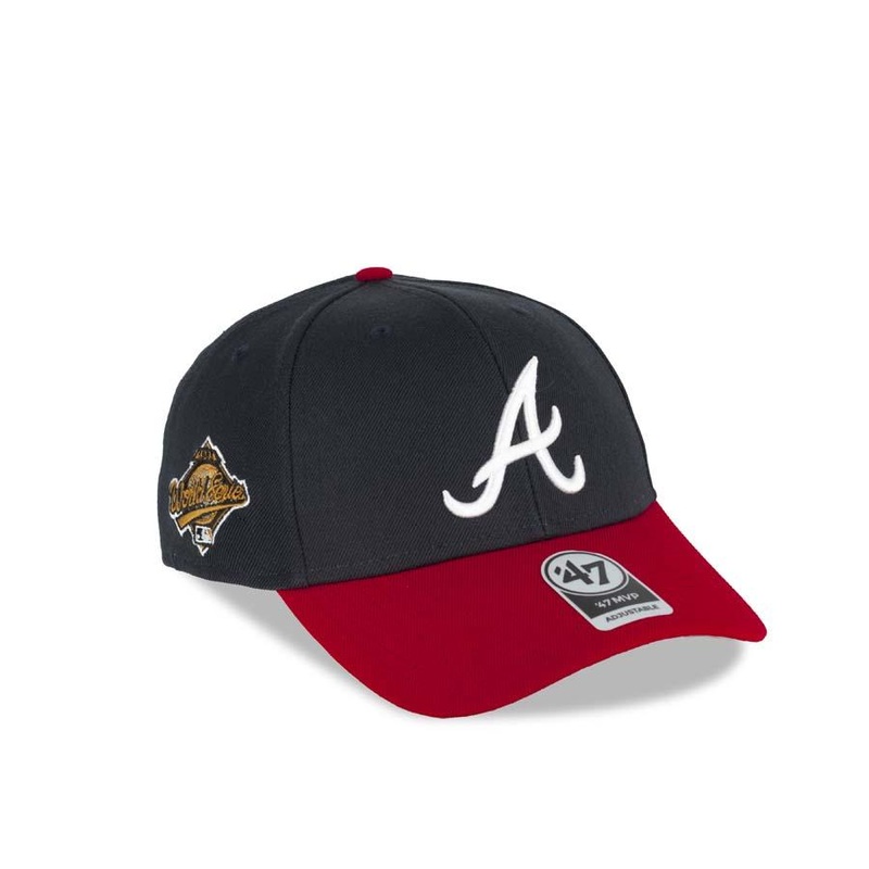 Atlanta Braves ’47 Brand MLB MVP Adjustable Snapback Closure Cap Hat Team Color Navy Crown Red Visor White Logo 1995 World Series Side Patch  Gray UV