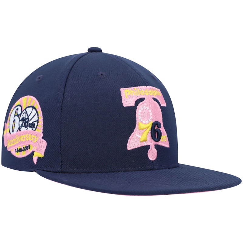 Mitchell & Ness Philadelphia 76ers Navy 60th Anniversary Burnt Sunrise Fitted Hat