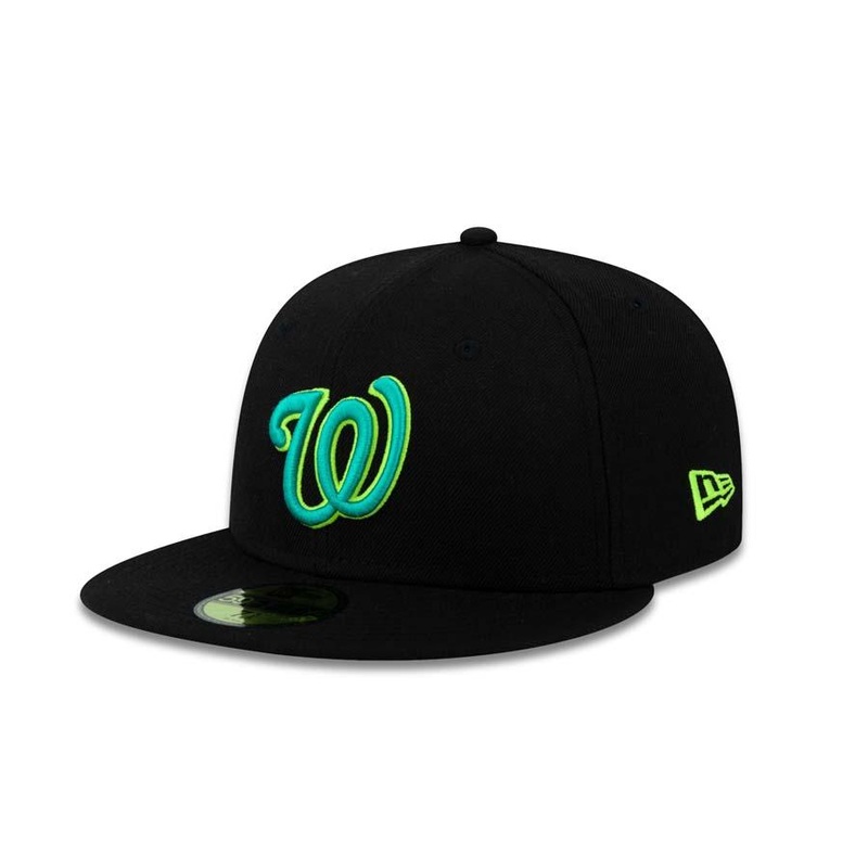 Washington Nationals New Era MLB 59Fifty 5950 Fitted Cap Hat Black Crown/Visor Aqua/Neon Yellow Logo