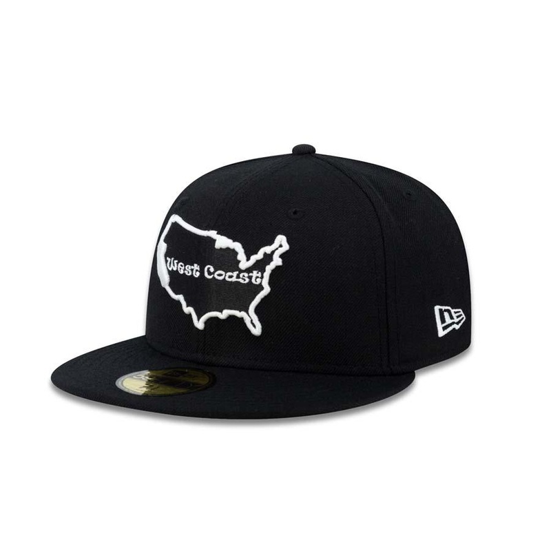 West Coast New Era MLB 59Fifty 5950 Fitted Cap Hat Black Crown/Visor Black/White USA Map Logo