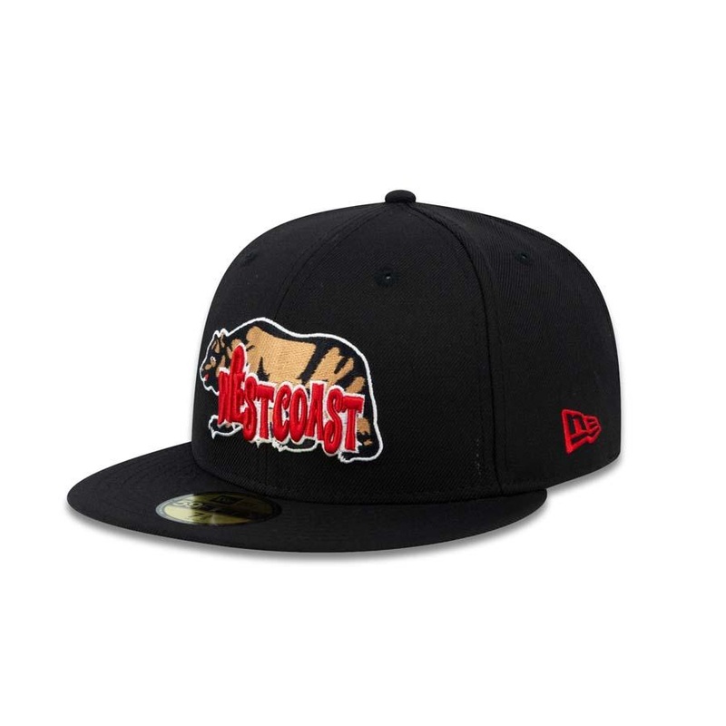 West Coast Bear New Era 59FIFTY 5950 Fitted Cap Hat Black Crown/Visor Brown./Red/White Logo
