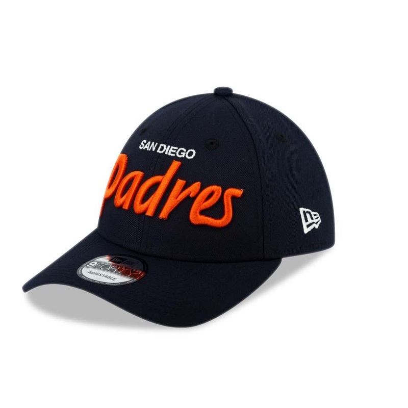 San Diego Padres New Era MLB 9FORTY 940 Adjustable Cap Hat Navy Crown/Visor White/Orange Script Logo