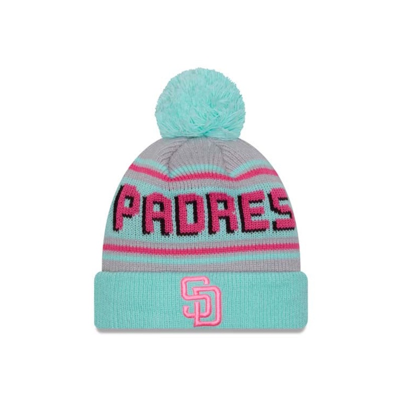 (Child/Youth) City Connect San Diego Padres New Era MLB Cuffed Pom Kid Beanie/Knit Hat Teal Crown/Visor Magenta Logo