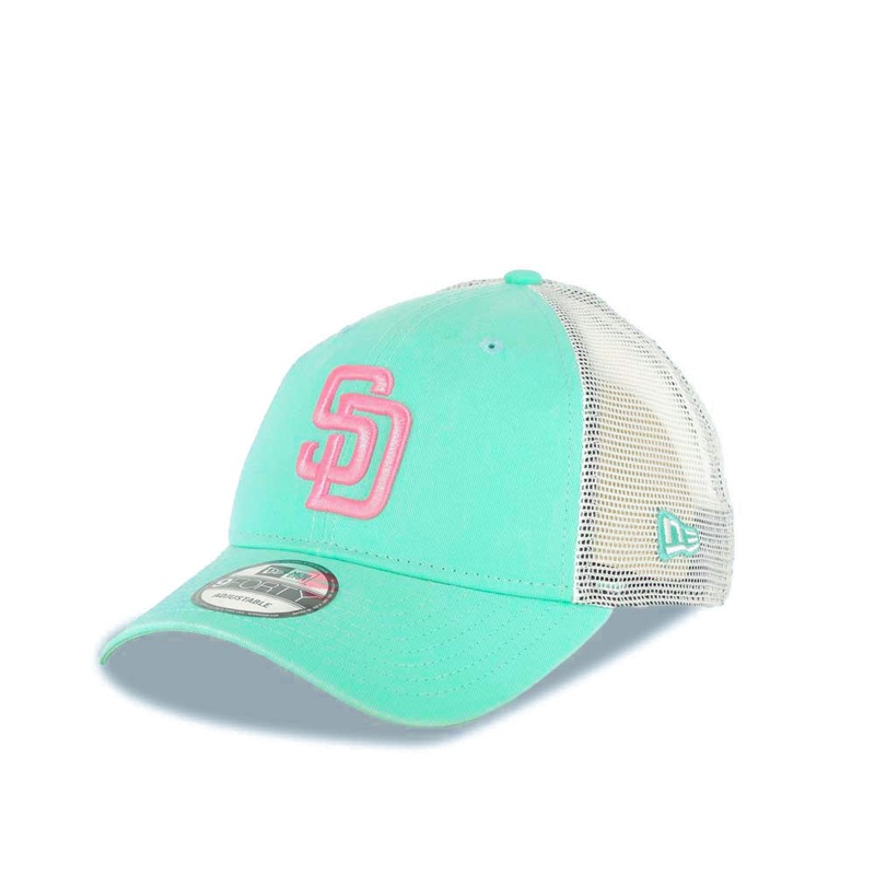 (City Connect) San Diego Padres New Era MLB 9FORTY 940 Adjsutable Mesh/Trucker Cap Hat Teal/Gray Mesh Crown/Visor Magenta Logo