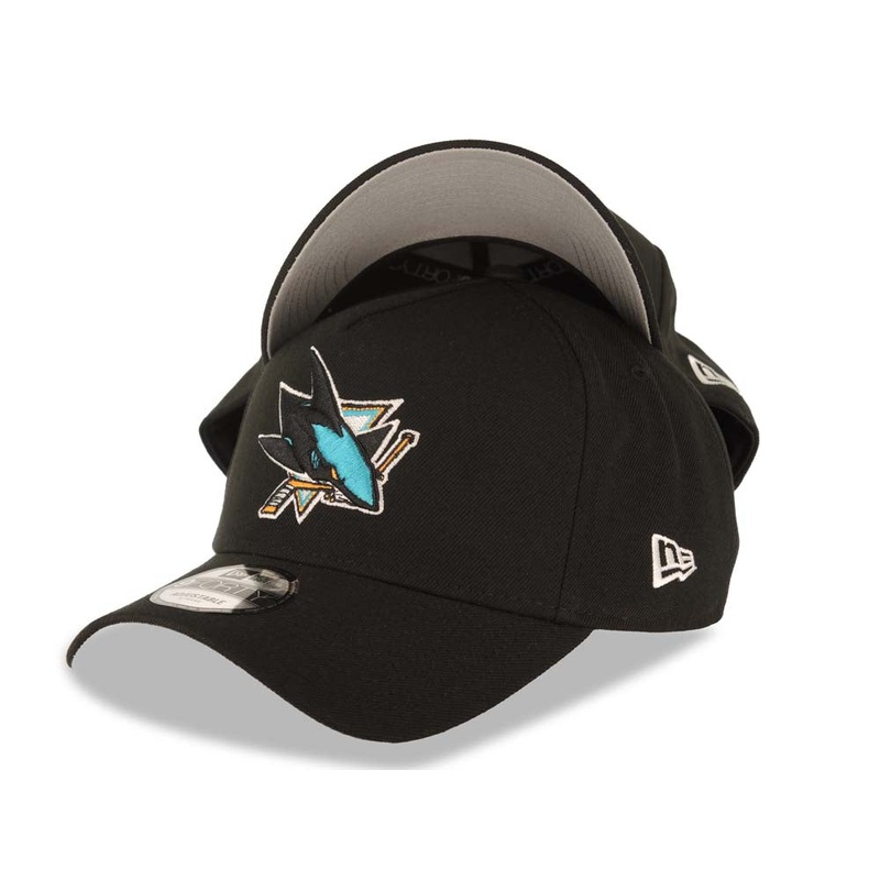 San Jose Sharks New Era NHL 9FORTY 940 Adjustable A-Frame Cap Hat Black Crown/Visor Team Color Logo Gray UV