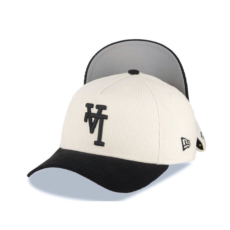 (Corduroy) Los Angeles Dodgers New Era MLB 9FORTY 940 Adjustable A-Frame Cap Hat Cream Crown Black Visor Black Upside Down Logo
