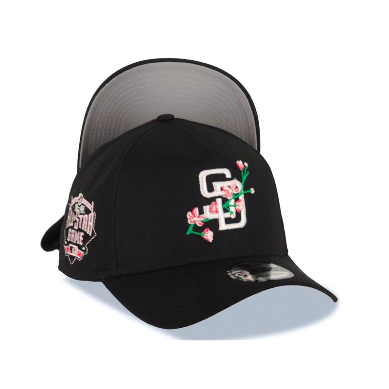 San Diego Padres New Era MLB 9FORTY 940 Adjustable A-Frame Cap Hat Black Crown/Visor White/Pink With Rose Logo 2016 All-Star Game Side Patch Gray UV