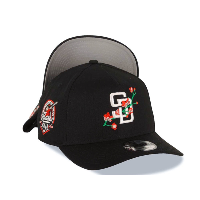San Diego Padres New Era MLB 9FORTY 940 Adjustable A-Frame Cap Hat Black Crown/Visor White/Red With Rose Logo 40th Anniversary Side Patch Gray UV