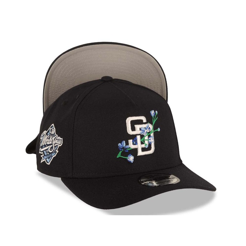 San Diego Padres New Era MLB 9FORTY 940 Adjustable A-Frame Cap Hat Navy Blue Crown/Visor White/Sky Blue With Rose Logo 1998 World Series Side Patch Gray UV