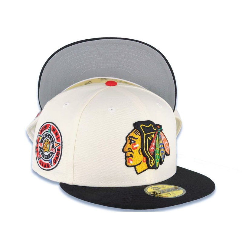 Chicago Blackhawks New Era NHL 59FIFTY 5950 Fitted Cap Hat Cream Crown Black Visor Team Color Retro Logo Gray UV