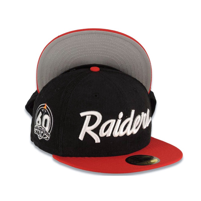 (Corduroy Crown) Las Vegas Raiders New Era NFL 59FIFTY 5950 Fitted Cap Hat Black Crown Red Visor White Script/Text Logo 60th Anniversary Side Patch