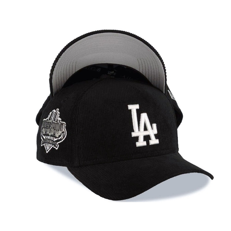 (Corduroy) Los Angeles Dodgers New Era MLB 9FORTY 940 Adjustable A-Frame Cap Hat Black Crown/Visor White Logo Stadium Side Patch Gray UV