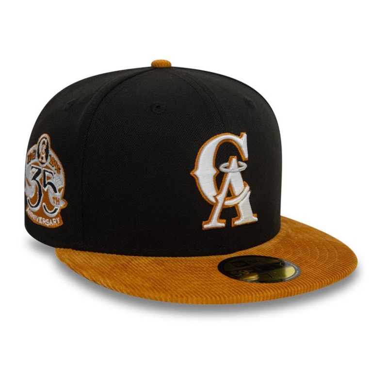 (Corduroy Visor) Los Angeles Anaheim Angels New Era MLB 59FIFTY 5950 Fitted Cap Hat Black Crown Wheat Visor White/Wheat Logo 35th Anniversary Side Patch