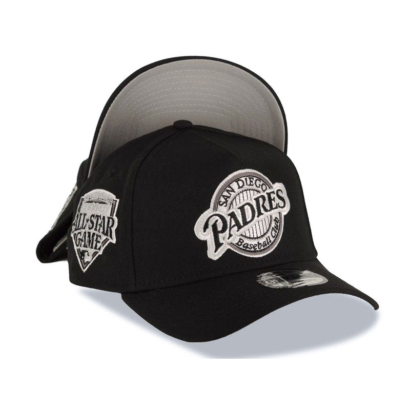 San Diego Padres New Era MLB 9FORTY 940 Adjustable A-Frame Cap Hat Black Crown/Visor Black/Gray/White Baseball Club Logo 1992 All-Star Game Patch