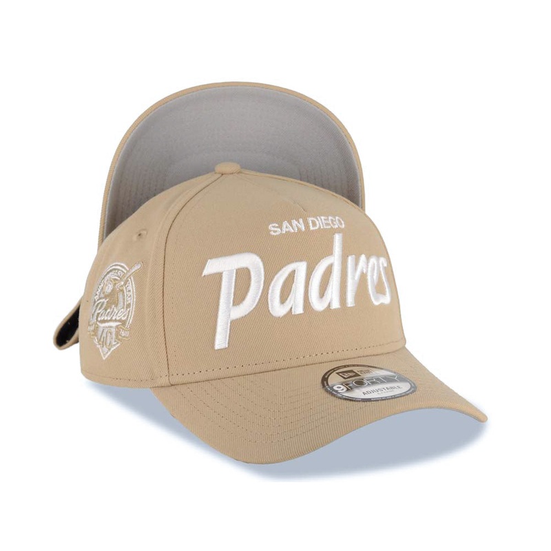 San Diego Padres New Era MLB 9FORTY 940 Adjustable A-Frame Cap Hat Khaki Crown/Visor White Script/Text Logo 40th Anniversary Side Patch Gray UV