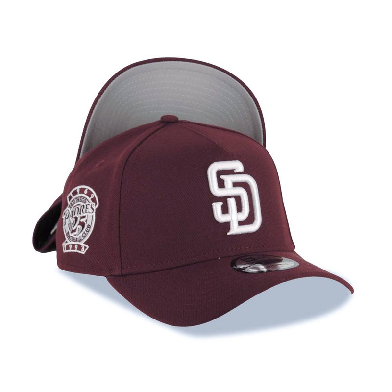 San Diego Padres New Era MLB 9FORTY 940 Adjustable A-Frame Cap Hat Maroon Crown/Visor White Logo 25th Anniversary Side Patch Gray UV