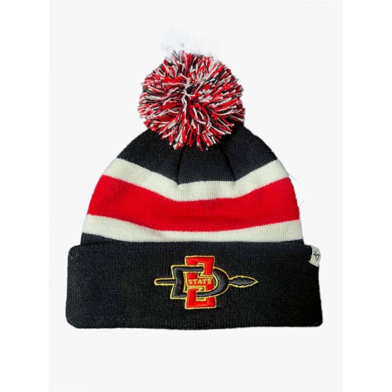 San Diego State Aztecs ’47 Brand NCAA Pom Knit Beanie Black/Red/White Crown/Visor Team Black/Red/Metallic Gold Logo (Break Away)