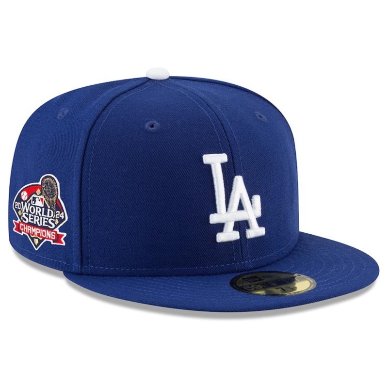 (Youth) Los Angeles Dodgers New Era MLB 59FIFTY 5950 Fitted Cap Hat Royal Blue Crown/Visor White Logo 2024 World Series Champions Side Patch