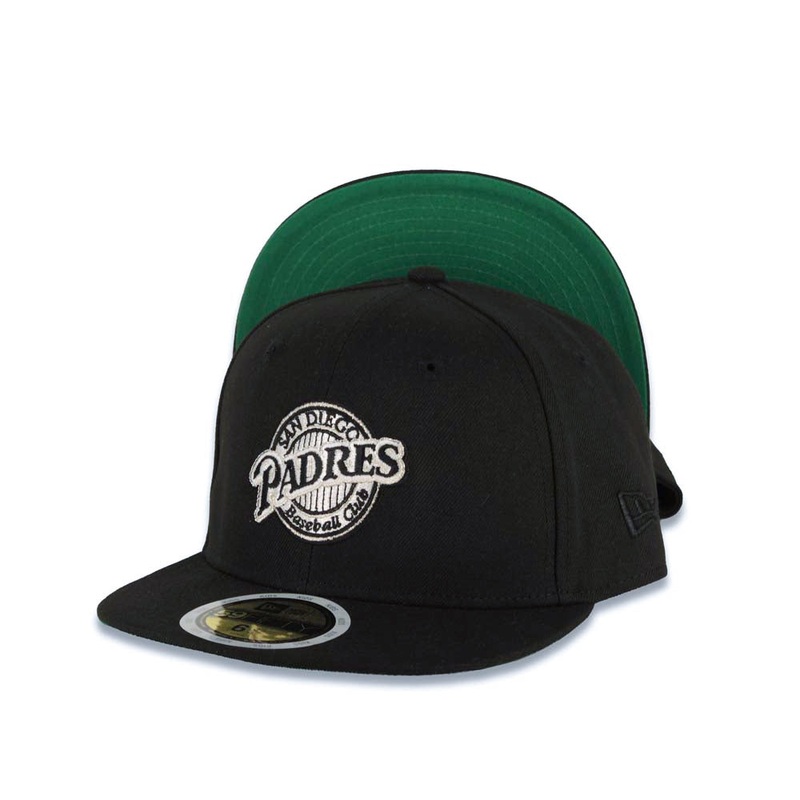 (Youth) San Diego Padres New Era MLB 59FIFTY 5950 Kid Fitted Cap Hat Black Crown/Visor White/Black Baseball Club Logo Green UV