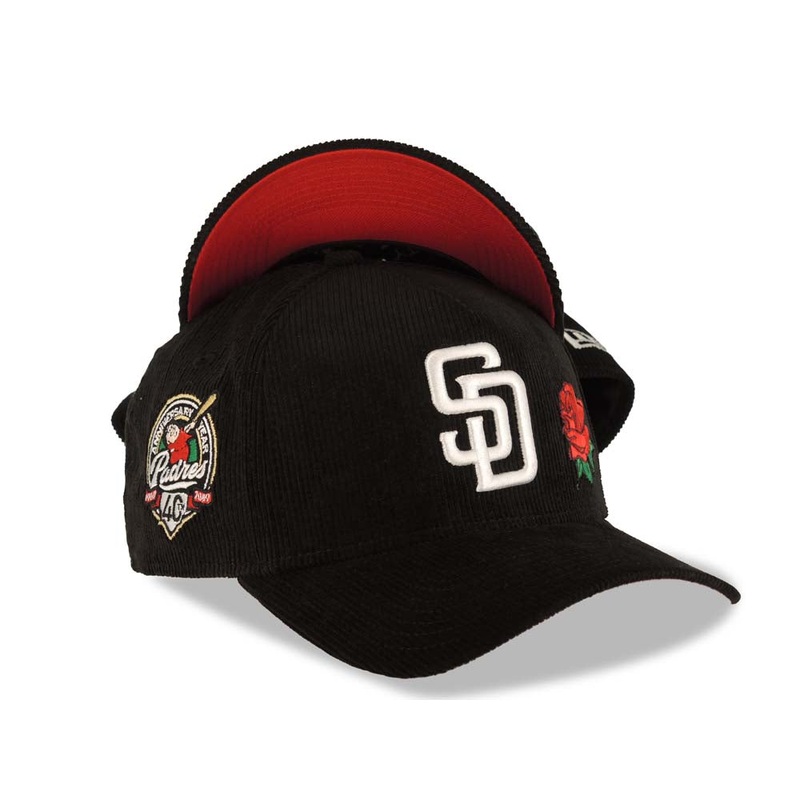 (Corduroy) San Diego Padres New Era MLB 9FORTY 940 Adjustable A-Frame Cap Hat Black Crown/Visor White Logo With Rose 40th Anniversary Side Patch